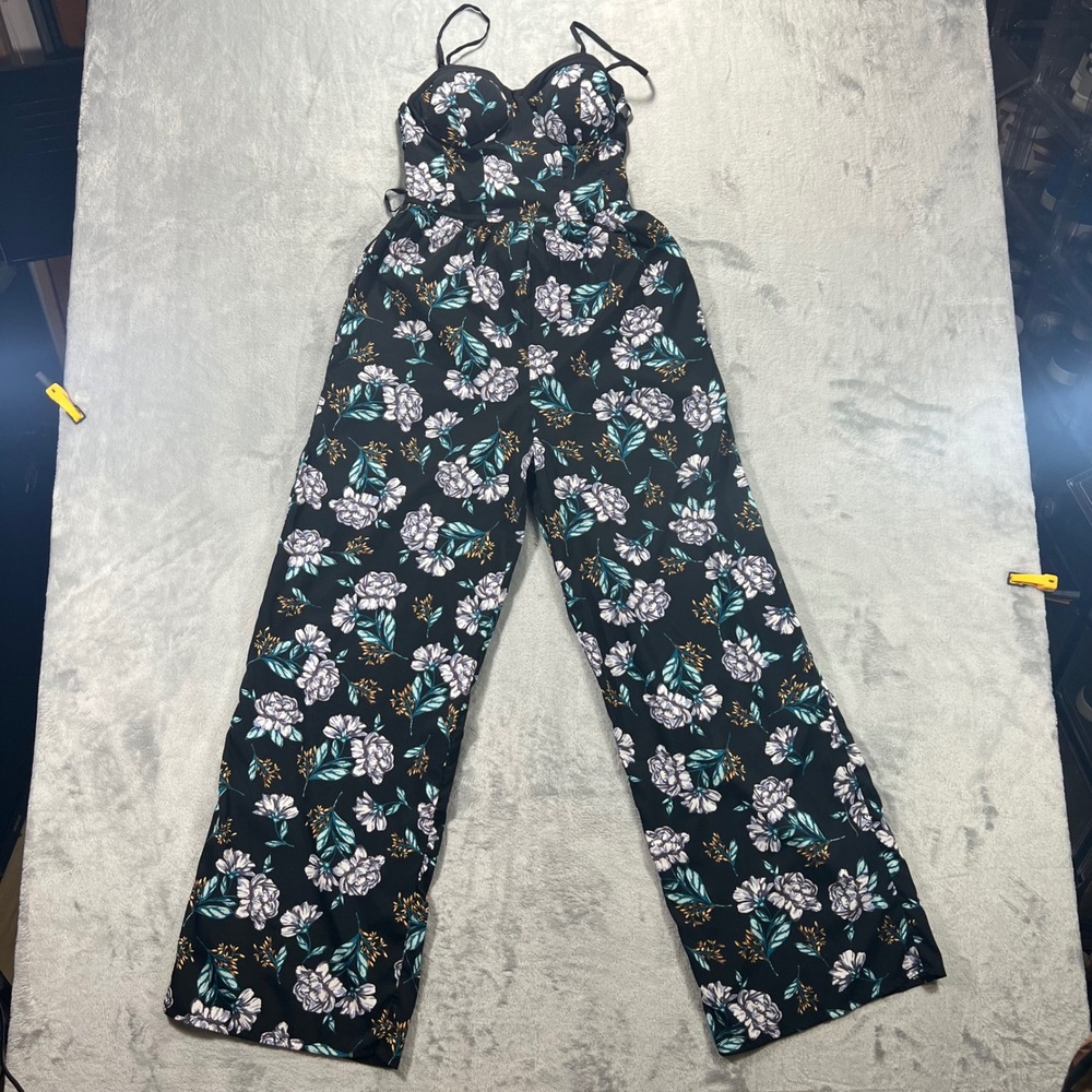 B.O.G. Collective Floral Jumpsuit Womens XS Black Purple Wide Leg Smocked Romper